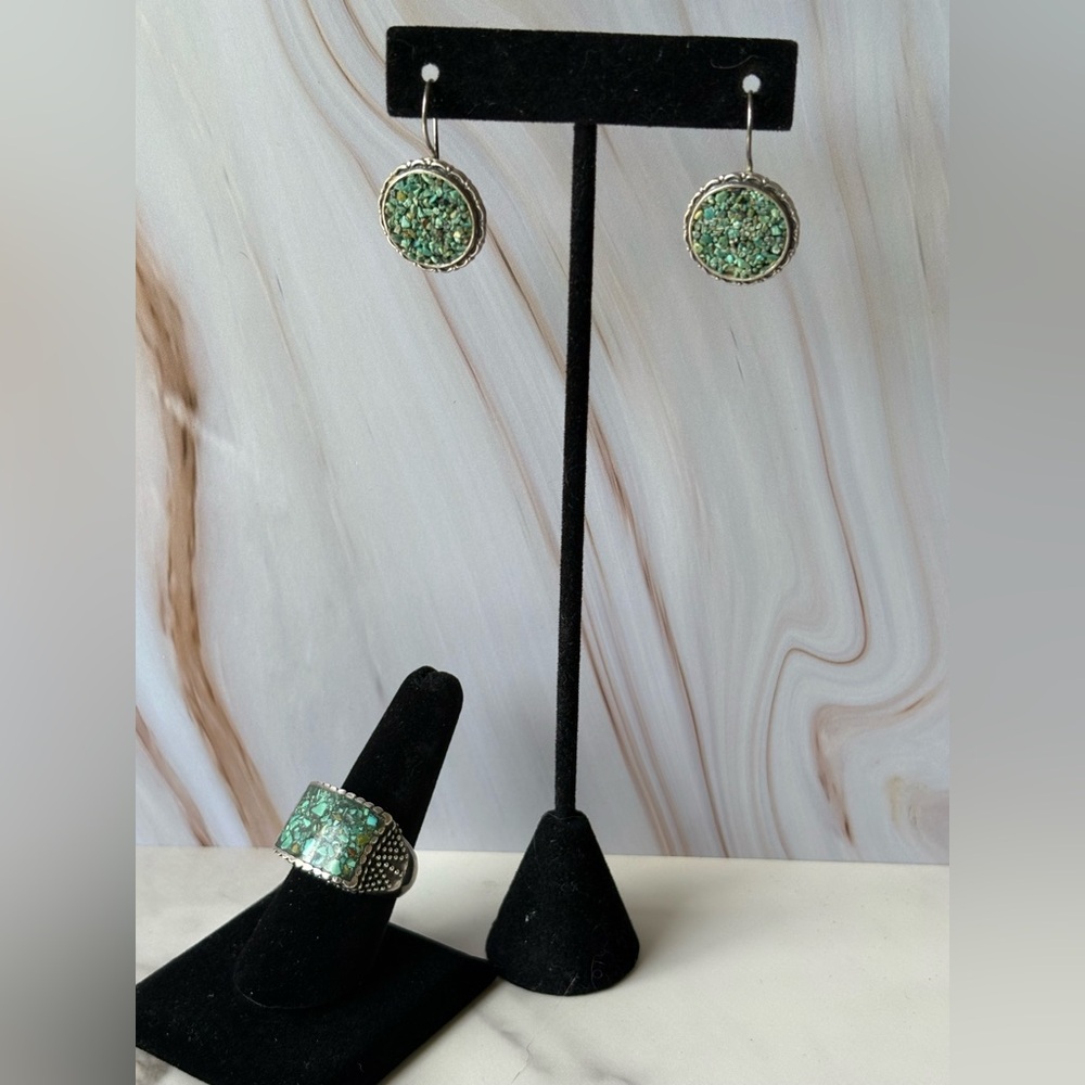 Sterling Silver Turquoise Chip Inlay Ring & Earring Set – Size 9